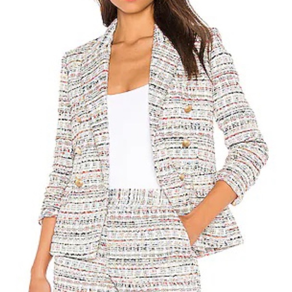 L’AGENCE Kenzie Double Breasted blazer in orange & blue multicolor